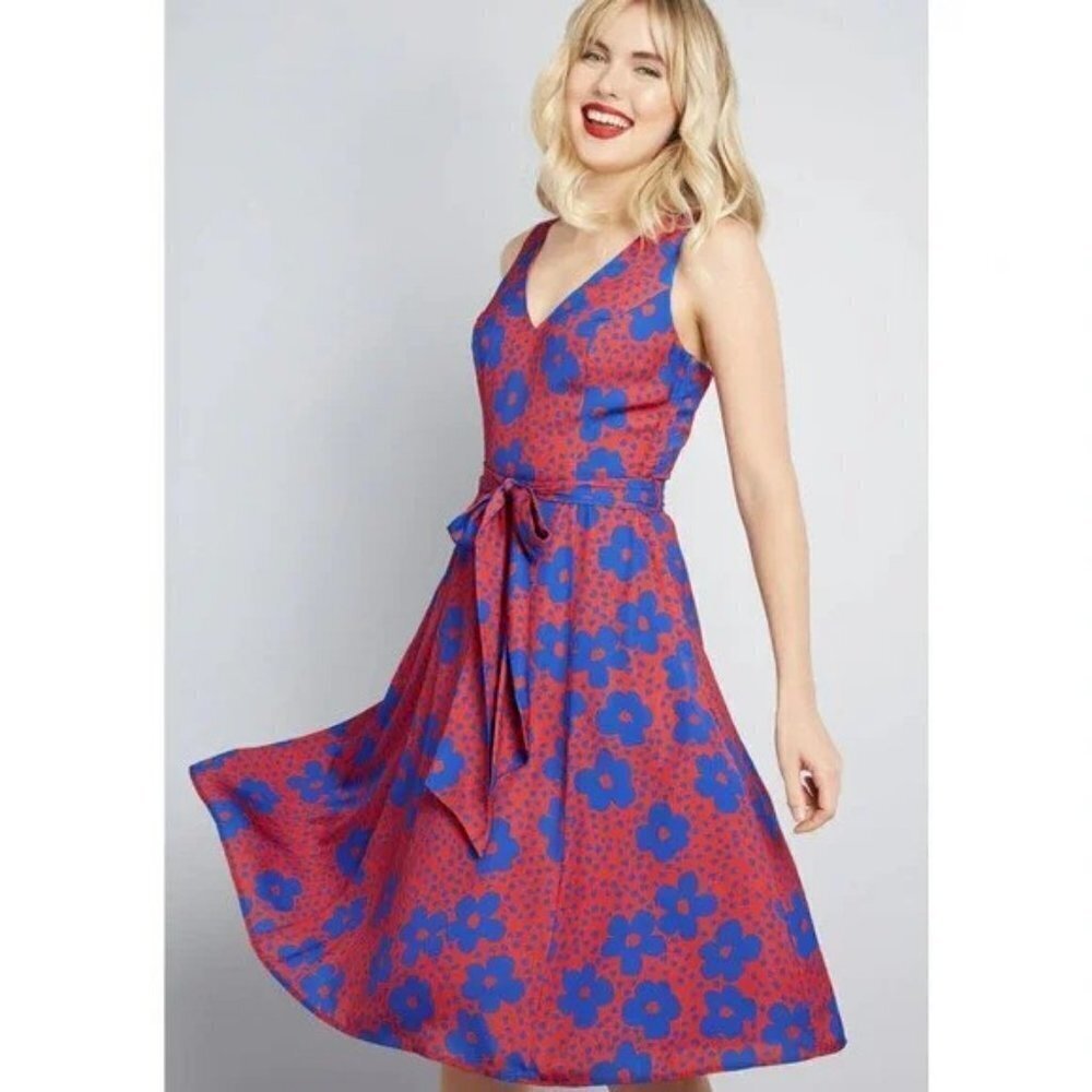 Modcloth Red and Blue Floral Fit-and-Flare Mini Dress